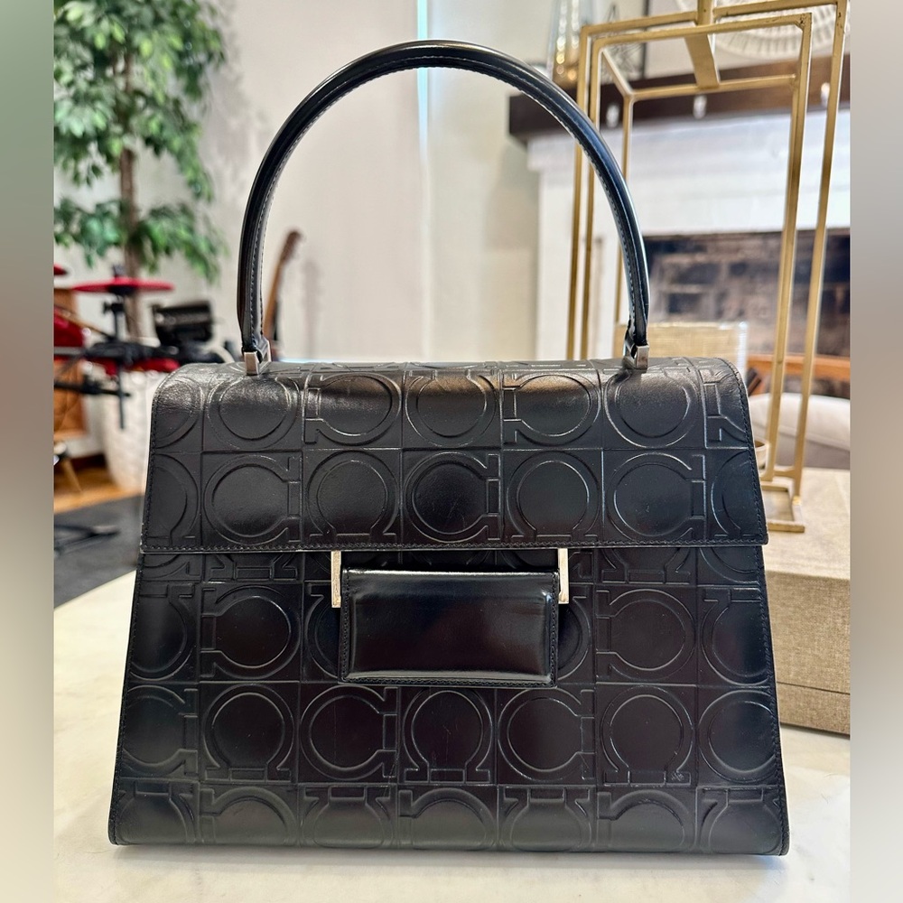 Salvatore Ferragamo Gancini Top Handle Bag in Embossed Black Leather
